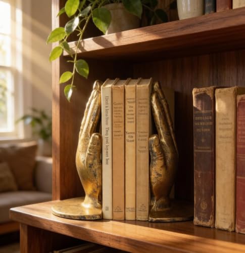 Hand Bookends Decorative, Heavy Duty Cast Iron Book Holder, Prayer Hand Book Ends for Shelves Living Room Home Decor Office, Antique Gold, 1 Pair/2Pieces