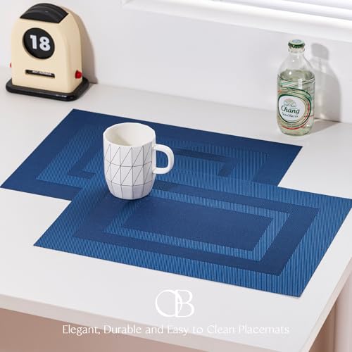 Placemats Set of 6 - Easy Clean Woven Vinyl Placemats for Dining Table, Indoor/Outdoor Place Mats, Washable PVC Table Mats（Navy Cube） - color: C-navy Cube