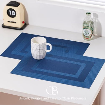 Placemats Set of 6 - Easy Clean Woven Vinyl Placemats for Dining Table, Indoor/Outdoor Place Mats, Washable PVC Table Mats（Navy Cube） - color: C-navy Cube