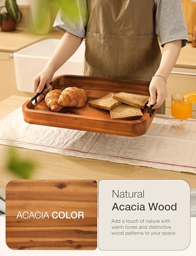 TIDITA 17"x13" Rectangular Wooden Serving Tray, Metal Handles Ottoman Tray - color: Acacia Color, size: 17" x 13" x 2"