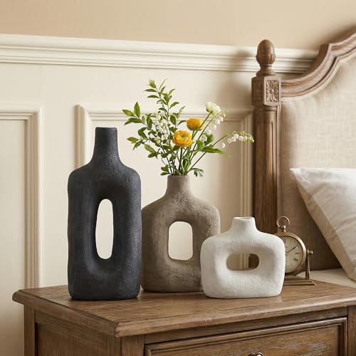 DREAMLOOM Ceramic Vase Set of 3, Black, Rust - color: Rust Red Combo - Hollow Design
