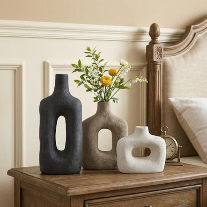 DREAMLOOM Ceramic Vase Set of 3, Black, Rust - color: Rust Red Combo - Hollow Design