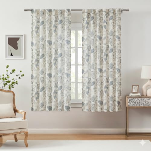 Kayne Studio Blue Grey Floral Botanical Rod Pocket Semi Sheer Curtains 63" - color: Blue Grey, size: 52"W x 63"L (Pack of 2)