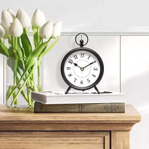 Vintage Black Table Clock on Stand, Decorative Desk and Shelf Clock，Decorative Battery Operated Table Top Clock for Living Room，Silent Non-Ticking(Small) - color: Black, size: 8.7"H