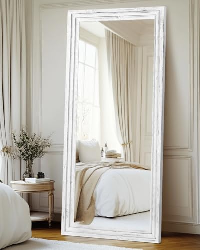 71x30in Full Length Mirror, 3-Tier Stepped Solid Wood Frame, White - color: White, size: 71"L x 30"W