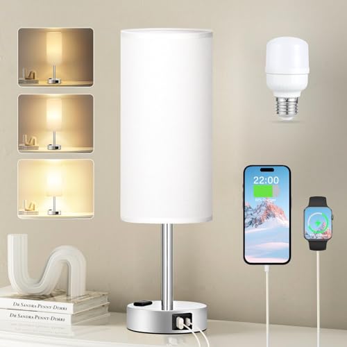 Fenmzee White Bedside Lamp for Bedroom, Dimmable Touch, USB A+C, AC Outlet - color: White - Silver, size: 14"