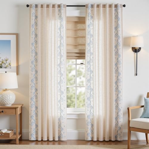 jinchan Floral Linen Curtains, Back Tab 50x84 Inch, 2 Panels Blue - color: Vine | Sky Blue, size: 50"W x 84"L (Pack of 2)