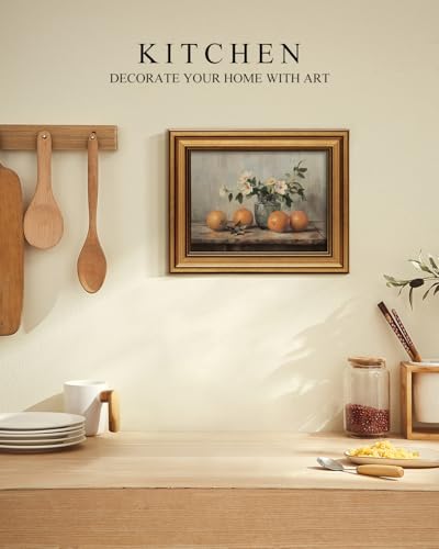 VIYYIEA Gold Framed Wall Art, Oranges Still Life Print Kitchen Wall Art - color: White Roses Vase, size: 10"L x 8"W
