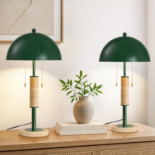 Green Bedside Table Lamp Set 2 Mid Century Modern Tavertine Nightstand Lamp - color: Green