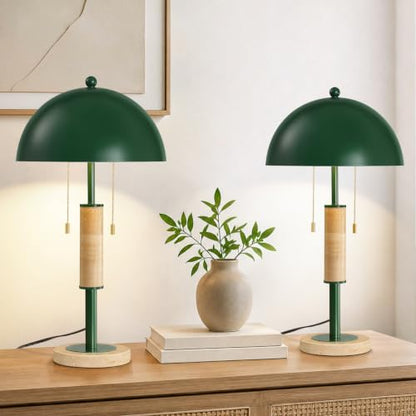 Green Bedside Table Lamp Set 2 Mid Century Modern Tavertine Nightstand Lamp - color: Green