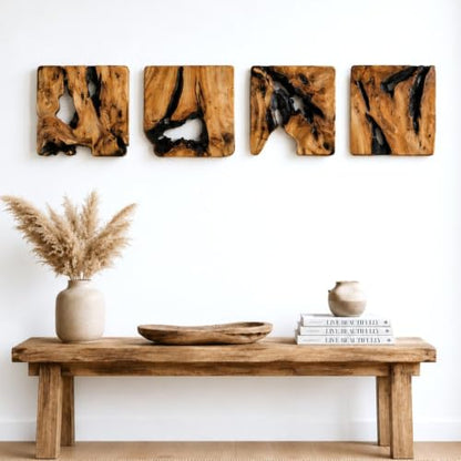 BOTALEGRE 4-Piece Cedar Wood Wall Art Set, Rustic Abstract Home Decor