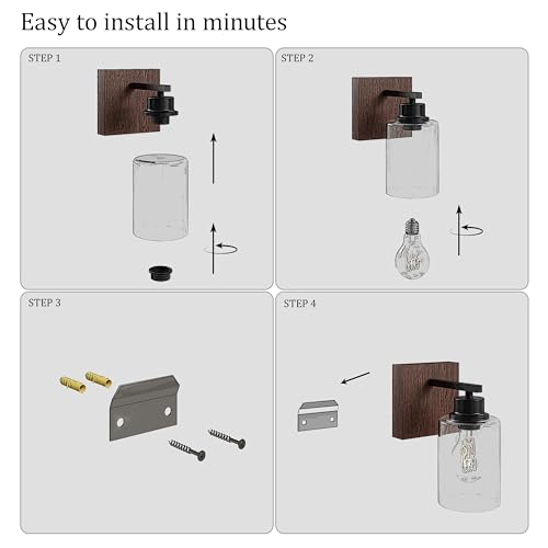 Rayogale Wireless Battery Operated Wall Sconce Set of 2 with Remote Control | Black & Walnut Dimmable Rechargeable Wall Lights with Timer, Easy Install Glass Lamp for Living Room Bedroom, Emergency 3000K - color: Black Walnut(Clear Lampshades)