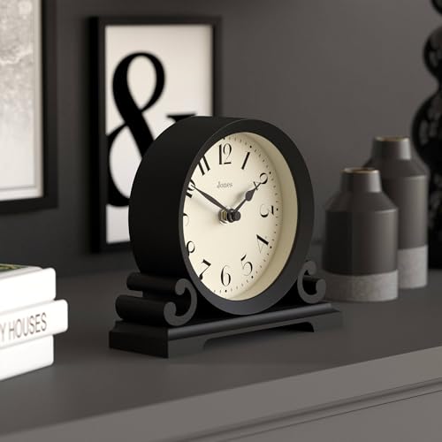 JONES CLOCKS® Saloon Mantel Clock | Small Traditional Double Scroll Design | Black | Contemporary Classic Style for Desk, Table, Shelf or Bedside - color: Black