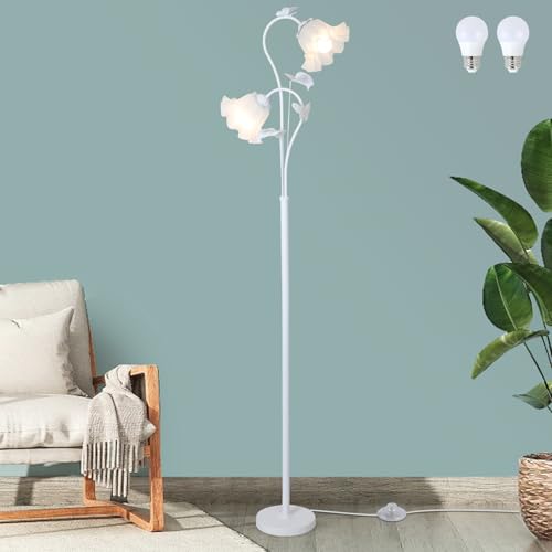 HMVPL White Flower Standing Lamp, Floral Tall Lamp with 2 LED 5W Blubs, Foot Switch, Modern Corner Floor Lamp with Acrylic Shade, Antique Lotus Flower Floor Lamp for Living Room Office Reading - color: White