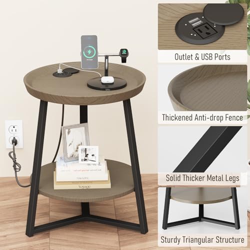 Gadroad Round End Table with Charging Station, Walnut Color - color: Walnut, size: 15.75"D x 15.75"W x 23"H (with Charging Station)