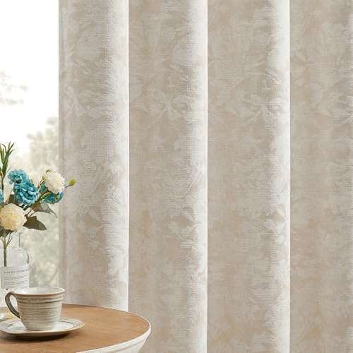 Beauoop Beige Floral Jacquard Blackout Curtains for Bedroom 52x96 2 Panels - color: Rod Pocket | Beige, size: 52"W x 96"L (Pack of 2)