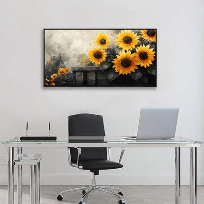 The Mode Art Sunflower Wall Art Canvas Painting, 30 x 58 inches, Black and Yellow Flower Canvas Prints Rustic Farmhouse Sunflower Pictures For Living Room Bedroom Wooden Frame - color: Yellow/Gray, size: 58"L x 30"W