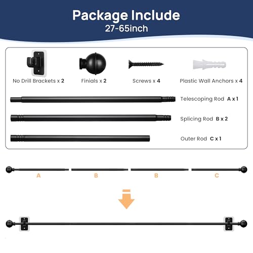 ENJOYBASICS Curtain Rods No Drilling for Renter, 28-60" Adjustable, Black - color: Black, size: 27-65"