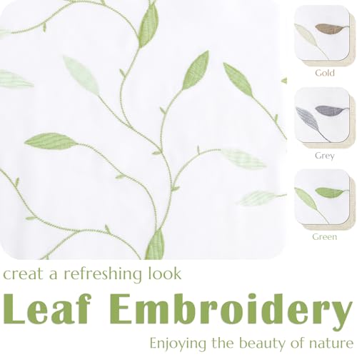 jinchan Sheer Valance Curtain Sage Green Leaf Embroidered 18 Inch 1 Panel - color: Leaves | Green on White
