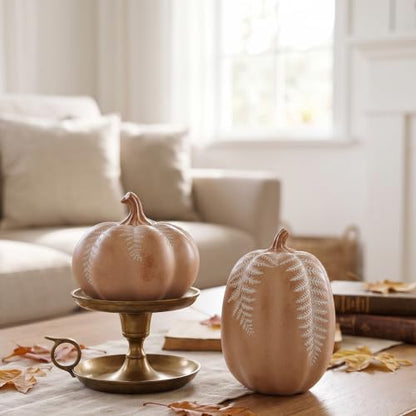 2Pcs Resin Pumpkin Figurines, Fern Fall Thanksgiving Decor - style: Fern Leaf Pumpkin