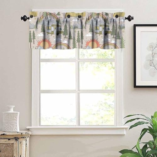 Camper Van Window Valance, Vintage Camper Summer Vacation Retro Groovy Sun Rainbow Clouds Rustic Mountain Forest Print Short Window Treatment Curtain for Kids Bedroom, 54x18inch - color: Camp-4