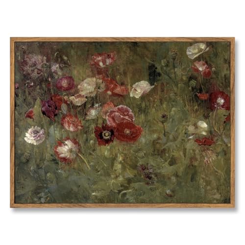 ElfLuna Wood Framed Canvas, Vintage Poppy Floral Botanical Still Life Print | Vintage poppy floral framed canvas. Retro farmhouse style, HD print, solid wood frame, lovely indoor wall decor. - color: A Bed of Poppies, size: 16"L x 12"W