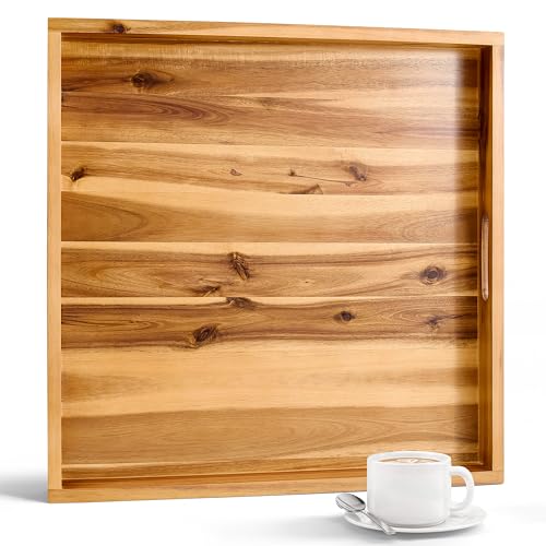 TIDITA 20" x 20" Square Wooden Ottoman Tray, Built-in Handles, Serving Tray - color: Acacia, size: 20" x 20" x 2.4"