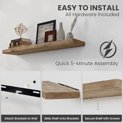 FLYJOE 60 Inch Long Wood Floating Shelf,Solid Rustic Reclaimed Barnwood Planks 8 Inch Deep Floating Wall Mounted Shelves with Invisible Heavy-Duty Metal Bracket for Living Room,Bedroom,Office,Natural - color: Distressed Natural, size: 60inches-1P