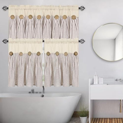 ASPMIZ Farmhouse Kitchen Curtains 24 Inch Length, Brown Stripe, 2 Panels - color: Beige&brown, size: 26"W x 24"L (Pack of 2)