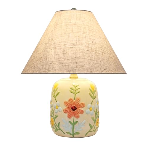 Abani Rosalie Floral 19” Table Lamp – Cream Ceramic Base with Wheat Linen Cylinder Shade, E26 2-Way Bulb Included – Elegant Bedside Lamp for Bedroom, Living Room, Entryway or Nightstand
