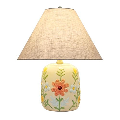 Abani Rosalie Floral 19” Table Lamp – Cream Ceramic Base with Wheat Linen Cylinder Shade, E26 2-Way Bulb Included – Elegant Bedside Lamp for Bedroom, Living Room, Entryway or Nightstand