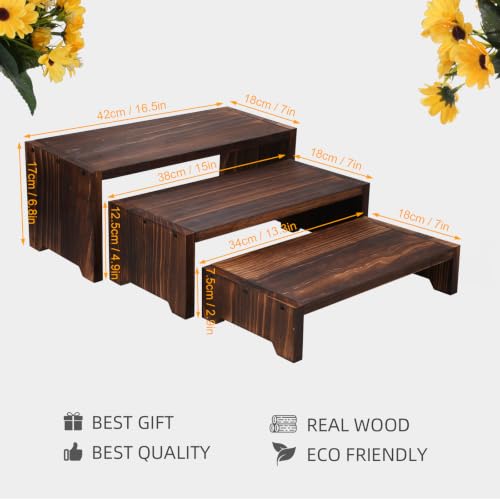 3-Tier Wooden Cupcake Stand & Display Risers, for Food Desserts & More, Sturdy & Reusable - color: Brown
