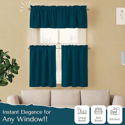 Native Fab 3 Piece Window Curtain Tiers 26"x36" and Valance 54"x18" Set - Rod Pocket - Semi Sheer - Short Curtain for Kitchen, Cafe, Living Room - Teal Green - color: Teal
