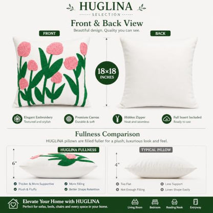 SELECTION Embroidered Floral Throw Pillow, 18x18 Inch Decorative Pillow with Insert Included, Ivory White Woven Canvas Cushion, Pink Flower Embroidery, Hidden Zipper, Farmhouse Boho Home Decor