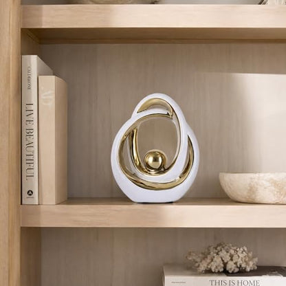 White and Gold Ceramic Abstract Sculpture for Home Decor, Modern Loop Art Tabletop Decorative Object for Entryway Table, TV Stand, Mantel, Coffee Table Centerpiece
