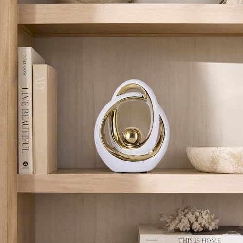 White and Gold Ceramic Abstract Sculpture for Home Decor, Modern Loop Art Tabletop Decorative Object for Entryway Table, TV Stand, Mantel, Coffee Table Centerpiece