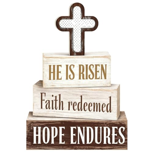 Easter Decorations - He Is Risen Cross Tiered Tray Decor - Faith Redeemed Religious Wooden Tabletop Sign - Farmhouse Easter Christian Home Decor Indoor - Spring Home Decor for Living Room, Kitchen Counter, Seasonal Farmhouse Display - style: Cross