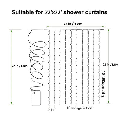 Solhice Curtain Shower Light, 72 x 72 Inches Battery Operated Waterproof Curtains Fairy Lights with 10 Hooks for Inside Shower, 180 LEDs Lighting Indoor Outdoor Decor (NO Curtain)