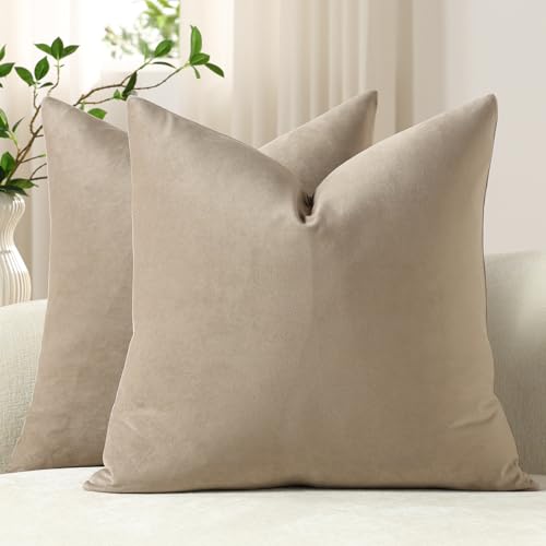 DEZENE Throw Pillow Covers 16x16 Taupe: Pack of 2 Cozy Soft Velvet Square Modern Luxury Decorative Throw Pillow Cases for Sofa Couch Living Room Bed Home Decor - color: Cobblestone, size: 16" x 16" (Pack of 2)