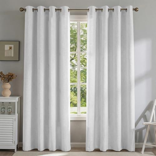 PFAS Free Ivory Linen Curtains 84 inch Length 2 Panels Set 100% Blackout Long Drapes for Bedroom Living Room Blackout Darkening Curtain Thermal Insulated (52x84 inch, White) - color: Pearl White, size: 52"W x 63"L (Pack of 2)