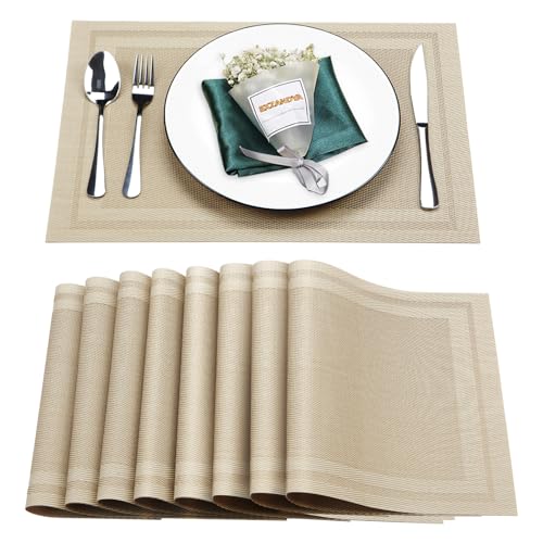 Beige Vinyl Placemats Set of 8,Washable Dining PVC Table Mats - color: Beige, size: 8PCS 12"Wx18"L