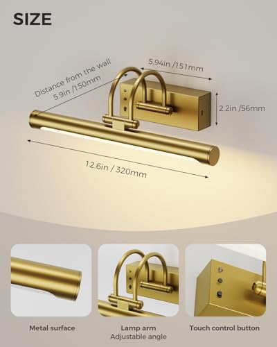 Wireless Rechargeable Picture Light with Remote, 12.6″ Battery Operated Art Gallery Wall Light, Dual 5000mAh Batteries, Dimmable with Timer, Adjustable Design, Electroplated Gold Finish - color: Battery Operated-Brass, size: 12.6 Inch