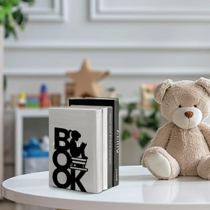 Peacoblue 5.3"x4.3"x7.9" Metal Bookends, Heavy Duty Book Ends for Shelves - color: Book and Reading Girl
