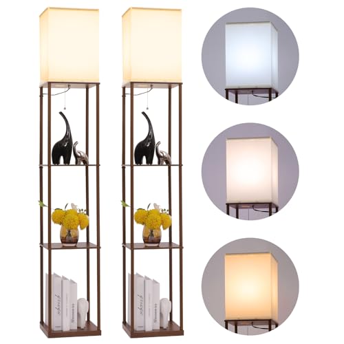 Gupuzm Floor Lamp with Shelves, Modern Square Standing Lamp with 3 Color Temperature Bulb, Corner Display Bookshelf Lamp for Living Room, Bedroom and Office(Brown-2 Pack) - color: Brown-2 Pack