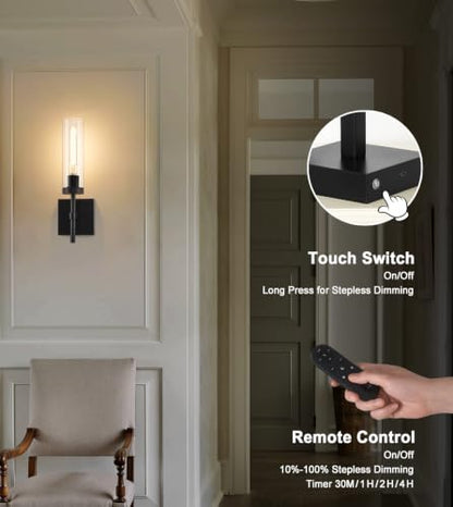 SANTOSTOCK Black Wireless Wall Sconces with Remote Control, Battery Operated Wall Sconce Set of 2, Rechargeable Dimmable Wall Lights for Bedroom Living Room Bathroom Hallway Entryway Stairwell, 3000K - color: Black & Clear Glass, size: Battery 16 Inch