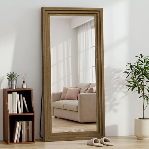 Wood Full Length Mirror 71"x30", Large Solid Wood Frame Floor Mirror - color: Light Brown, size: 71"L x 30"W