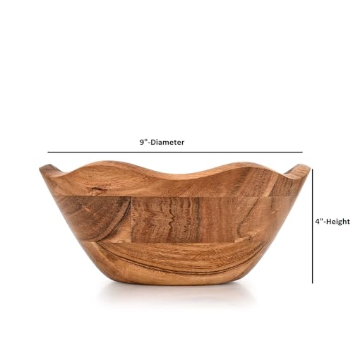 Fruit Bowl Acacia Wood Ruffle Decorative Style Home Decor for Dining Table Fits Bread, Fruits, Salad or Popcorn (9" x 9" x 4")