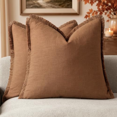Foindtower Decorative Linen Fringe Throw Pillow Covers 16×16 Orange Brown - color: Hazel, size: 16" x 16" (Pack of 2)
