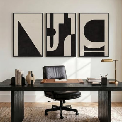 Large Framed Neutral Abstract Geometric Wall Art Set, 3 Piece 24x36 Inch - color: Black and White E, size: 24" W x 36" H x 3Pcs
