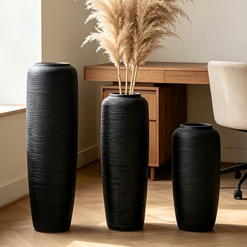 Black Rustic Ceramic Floor Vase, 24 Inch, Ribbed Texture - size: 23.6 Inch